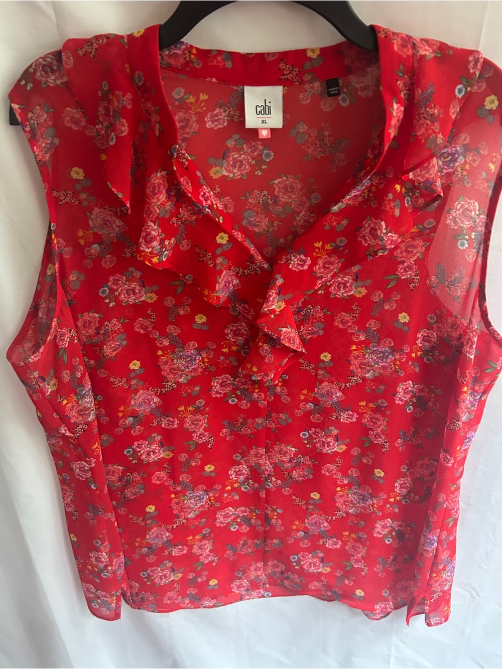 CAbi Red Floral Ruffle Silk-Blend Sleeveless Layered Blouse